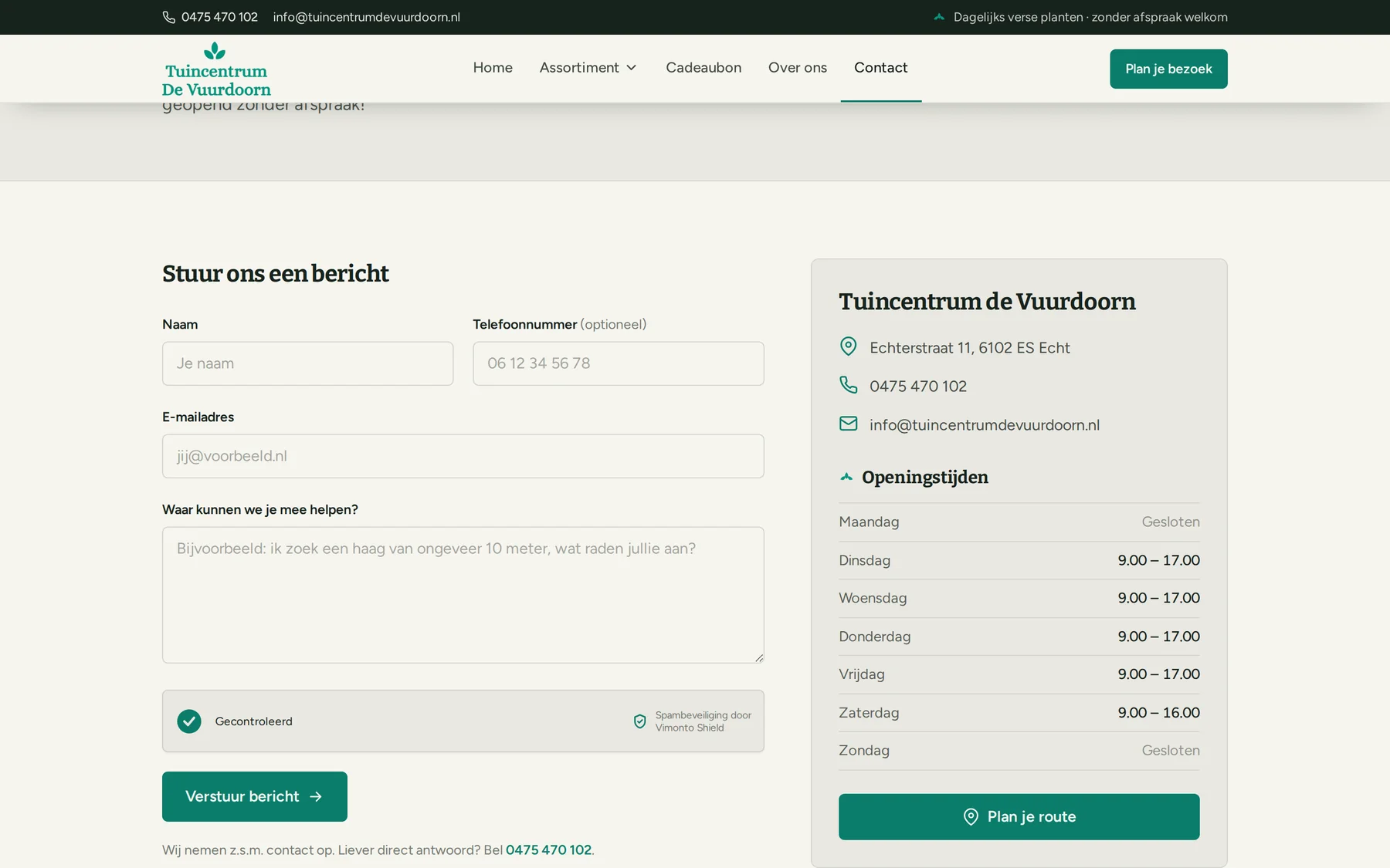 Vimonto Shield in het contactformulier van Tuincentrum de Vuurdoorn, boven de verzendknop