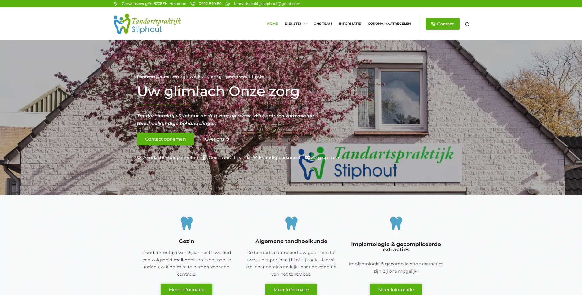 De website van Tandartspraktijk Stiphout, in onderhoud bij Vimonto