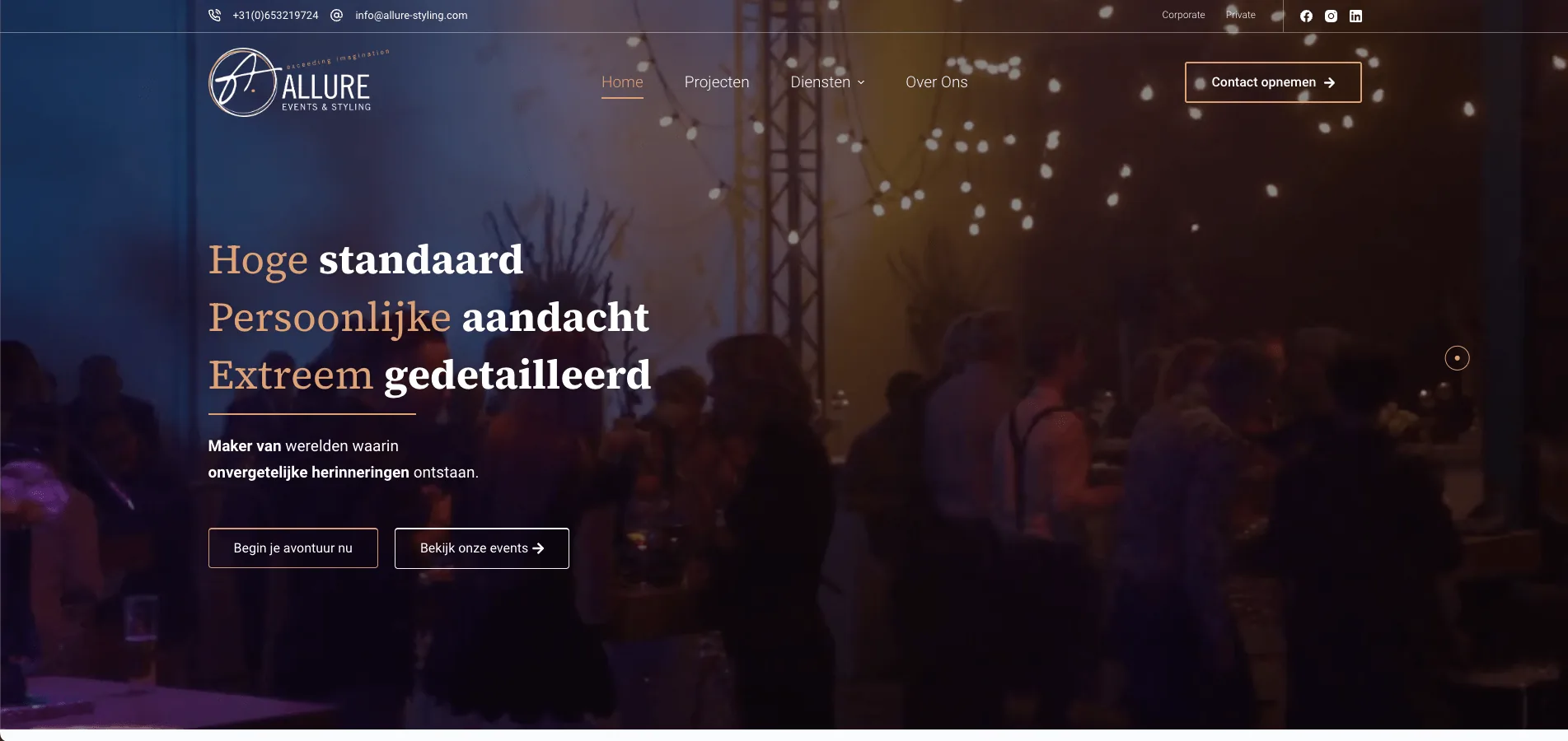 De homepage van Allure Events & Styling, gebouwd door Vimonto