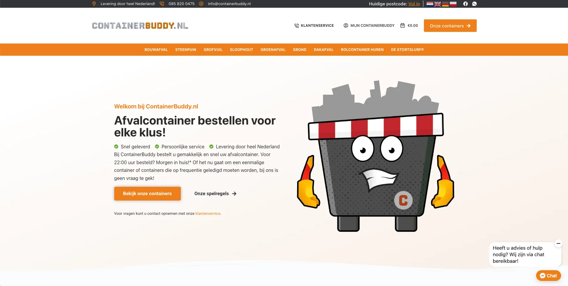 De website van Containerbuddy, gebouwd door Vimonto