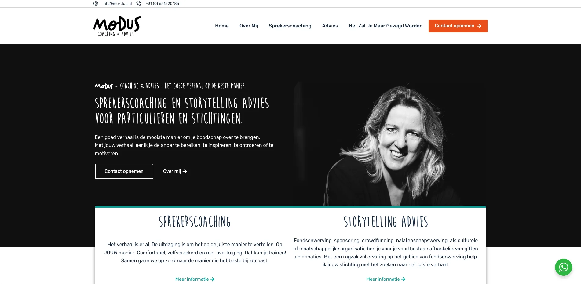 De homepage van Mo-dus coaching, gebouwd door Vimonto