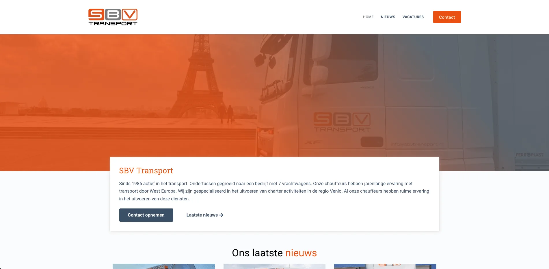 De homepage van SBV Transport, gebouwd door Vimonto
