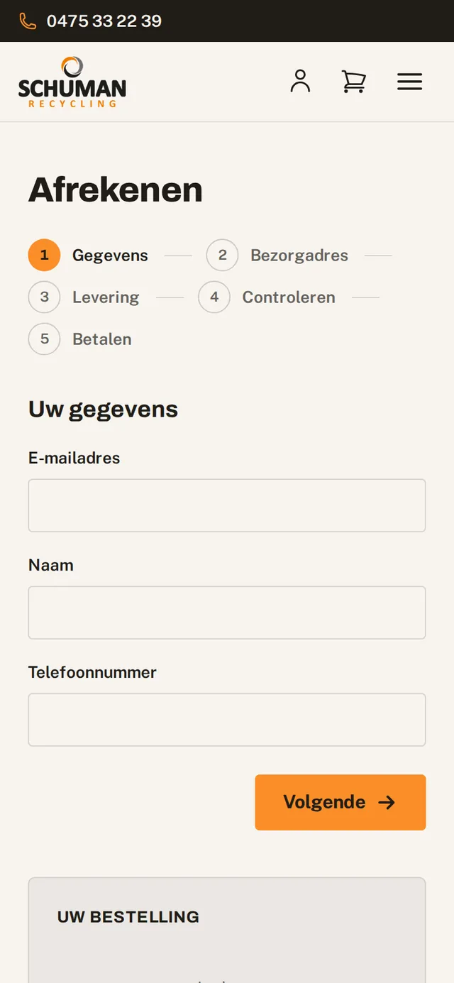 Het afrekenscherm van Schuman Recycling op een telefoon, met de vijf stappen boven het formulier