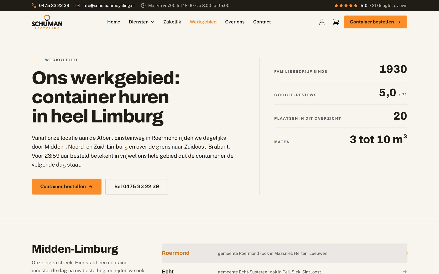 De werkgebiedpagina van Schuman Recycling met de plaatsen in Midden-Limburg onder elkaar