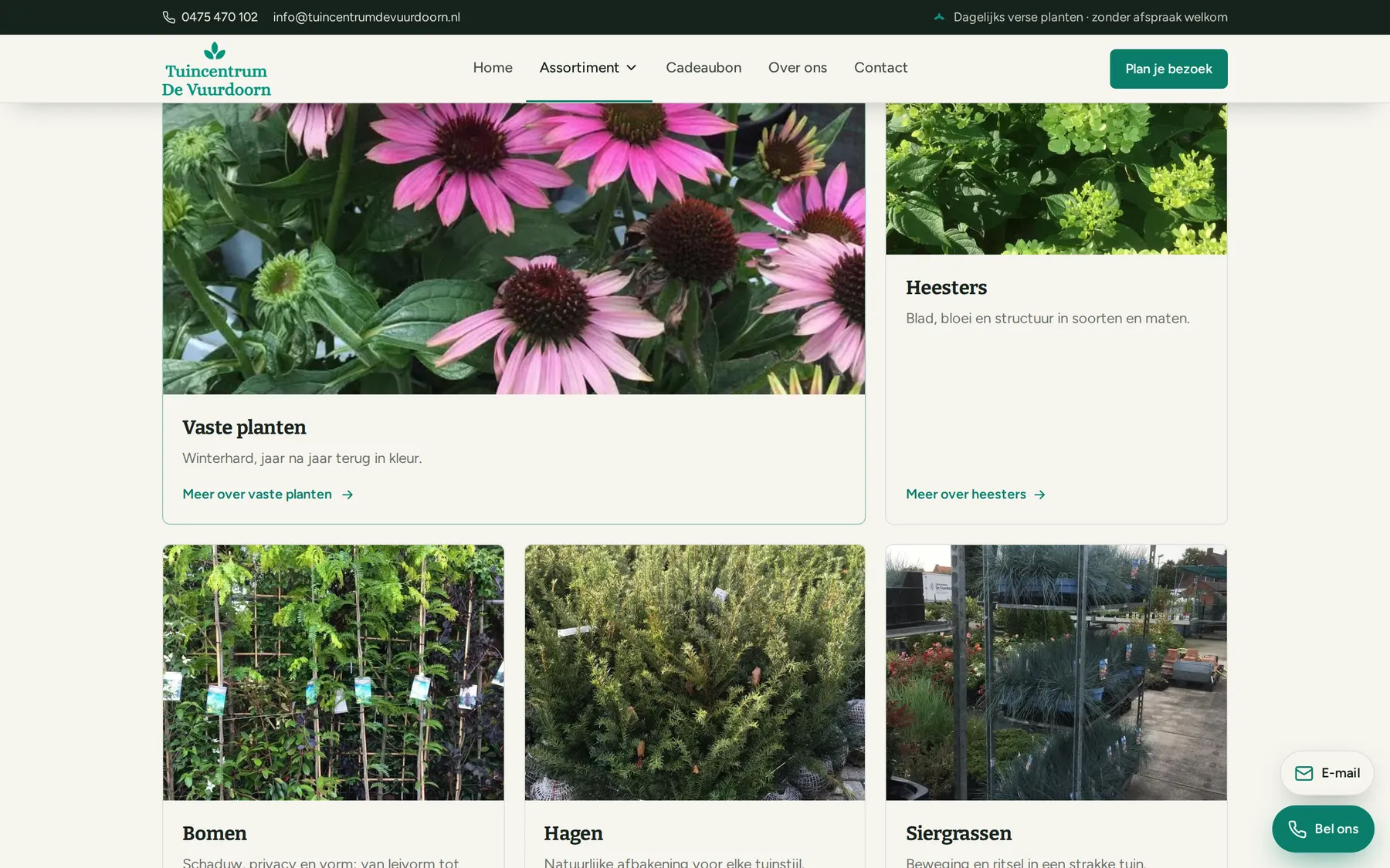 De assortimentspagina van Tuincentrum de Vuurdoorn met kaarten per plantengroep